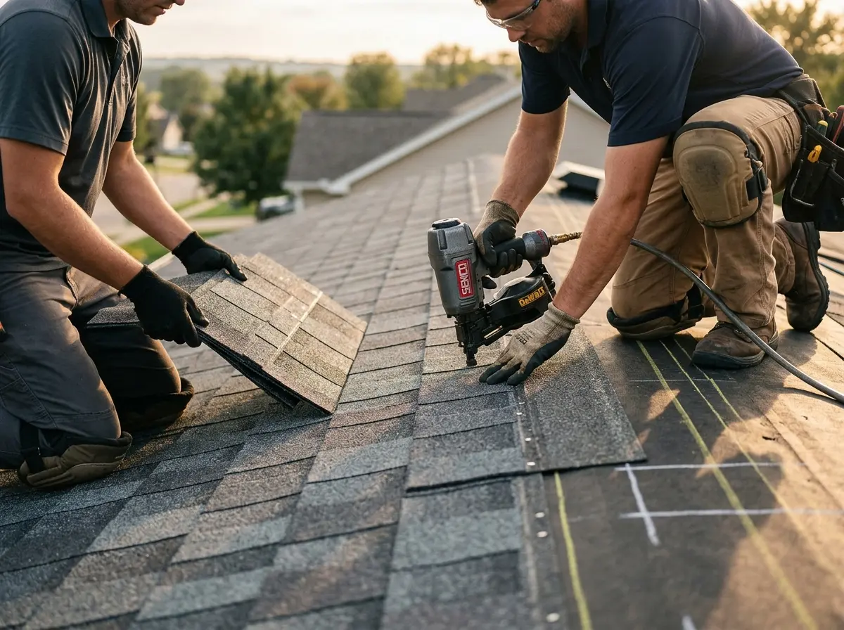 Professional roofer working on a residential roof in Thomson